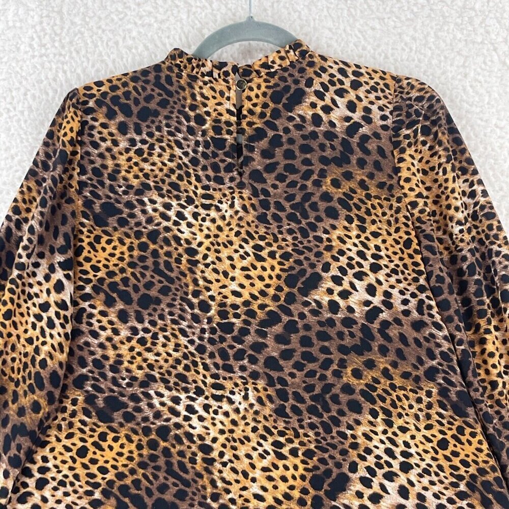 Ann Taylor Factory Brown Animal Print Shirt Womens Long Sleeve High Neck Size MP - Picture 13 of 15